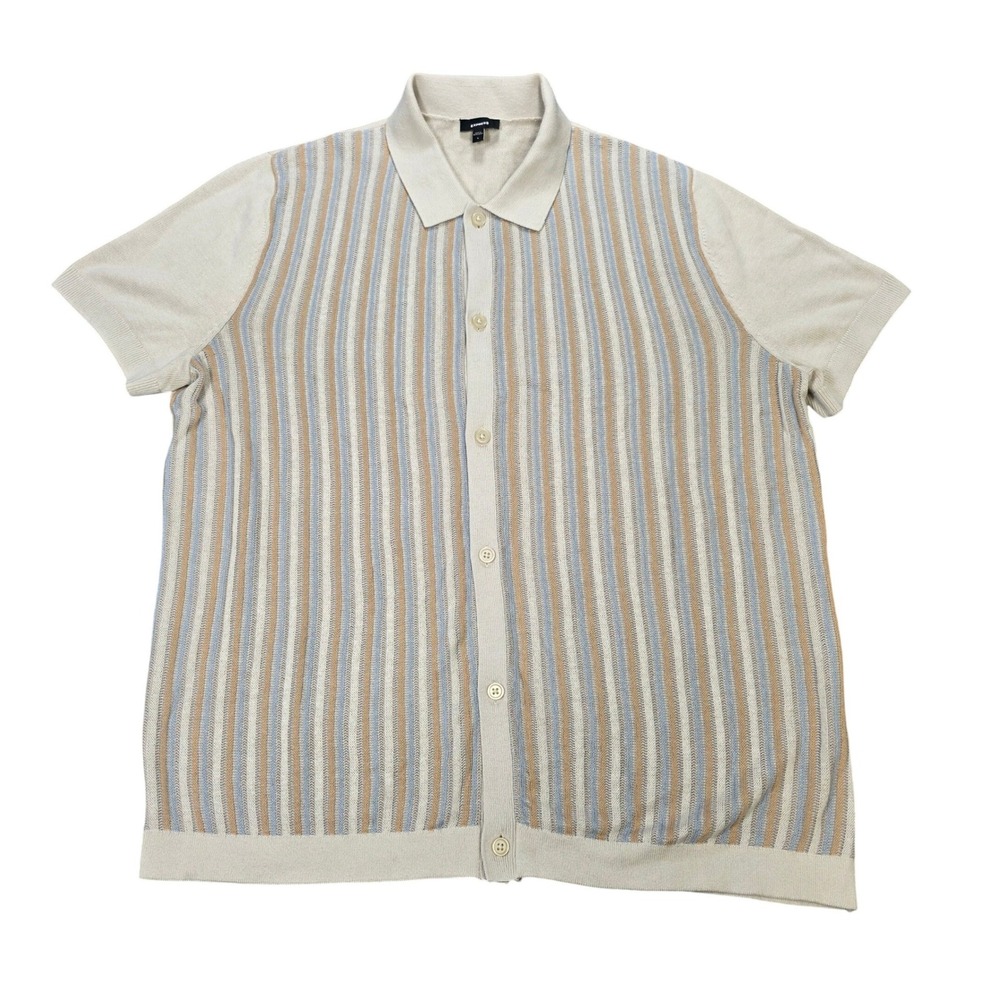 Express Vertical Stripe Knit Polo Men's Size L Tan Blue Button Up Short Sleeve